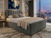 Front view of the Violeta grey velvet fabric bed frame, showcasing the elegant stepped headboard design with deep vertical fluted accent panels and a high footboard.